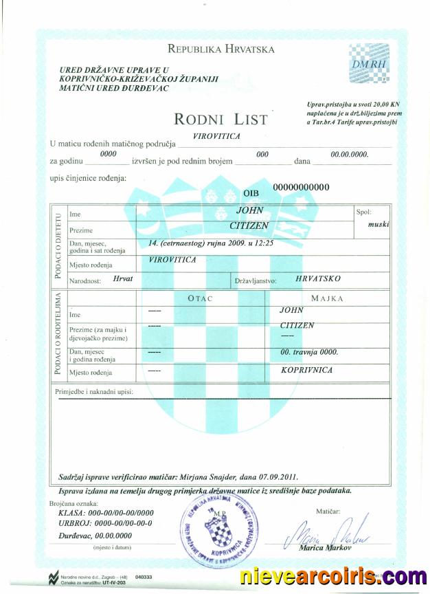 Croatia birth certificate